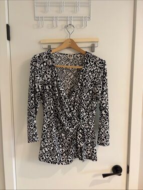 Anne Klein Black and White Geometric Wrap Blouse